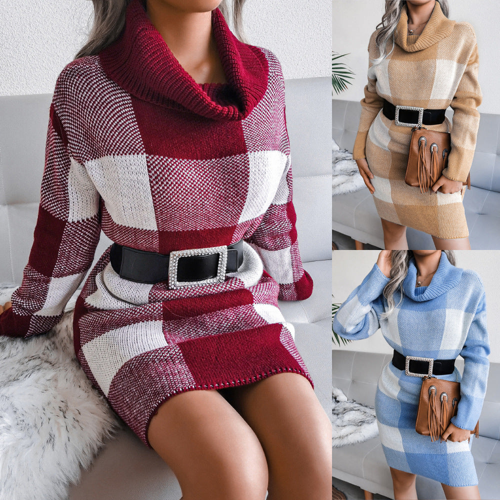 Autumn And Winter New Casual Plaid Turtleneck Sweater Dress Knitted Dress