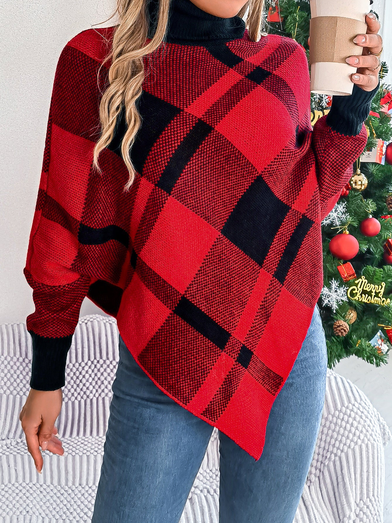 Women's autumn and winter Christmas fashion casual contrast color plaid high collar long sleeve cape sweater