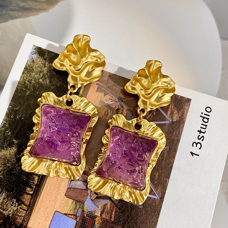 Lava earrings, irregular purple square glazed crystal earrings, retro temperament earrings