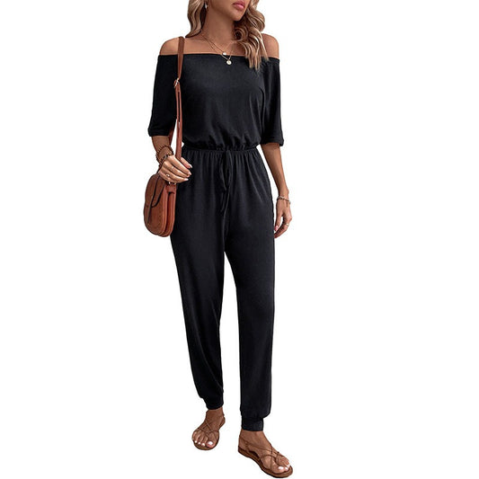 New European and American summer women's one shoulder solid color pants jumpsuit