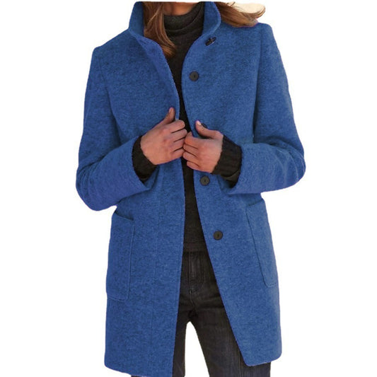 Autumn and Winter Women's New Retro Solid Button Standing Neck Woolen Coat