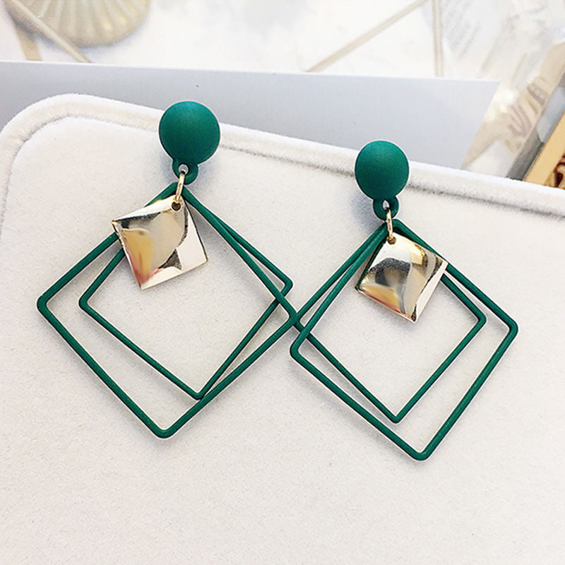 925 Silver Needle Earrings Ins Cool Style Geometric Earrings Fashion Hollow Diamond-Shaped Metal Square Earrings