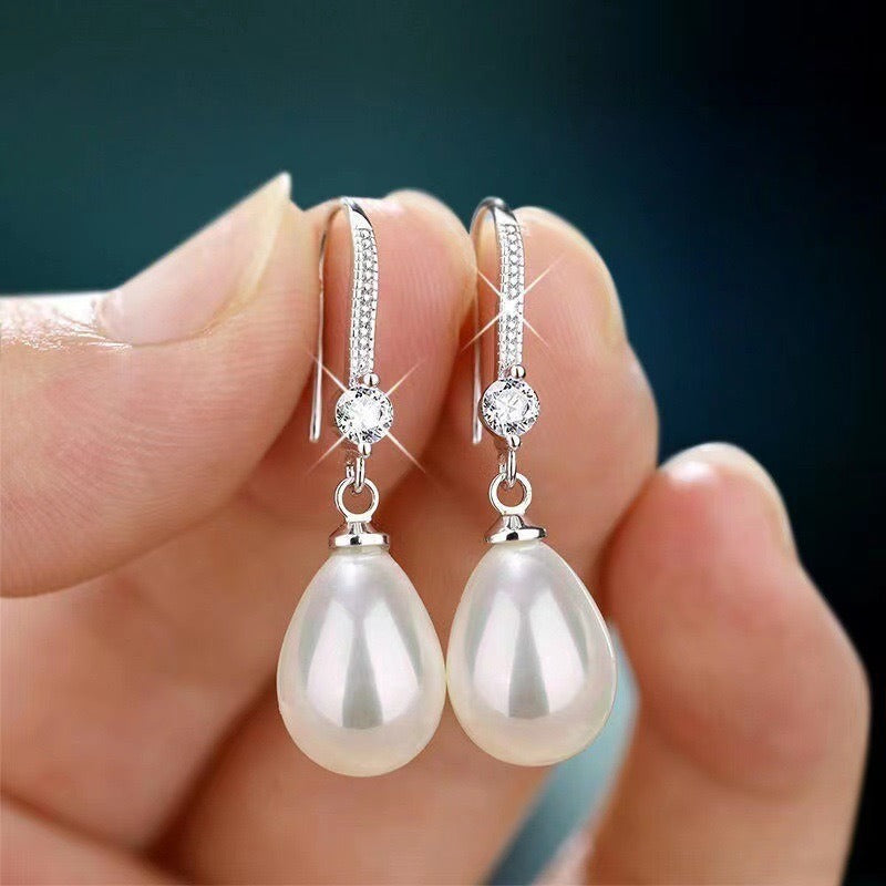 Water droplet shaped simulated freshwater pearl earrings for women, new zircon shell pearl group set with long earrings