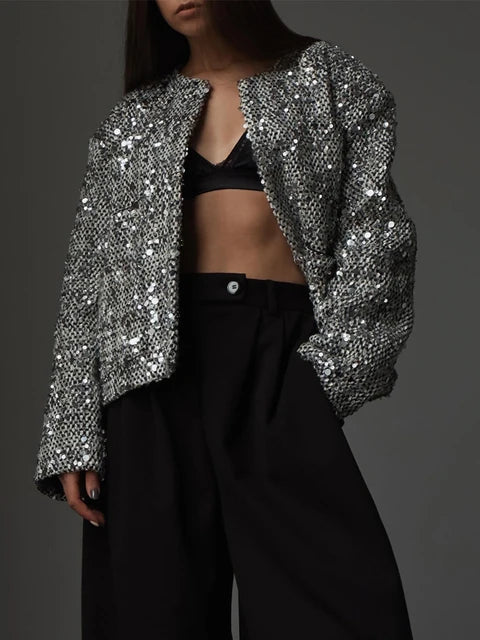 Elegant Silver Cropped Sequin Jacket For Women Chic Round Neck Long Sleeve Pockets Coat Autumn Female Party Fashion Outwear